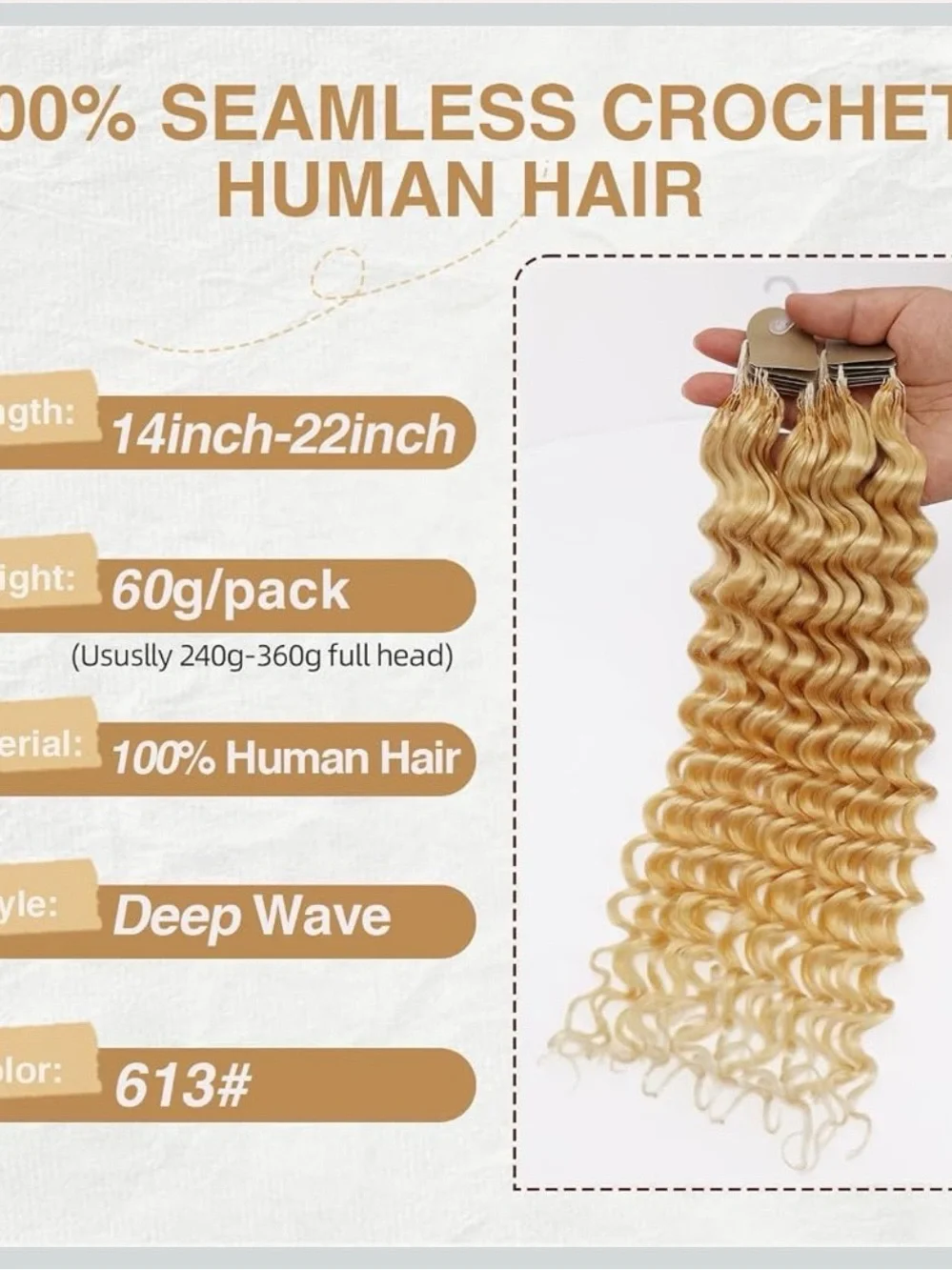 Dressmaker 18 inch Deep Wave Human Crochet HairExtensions – Golden Blonde